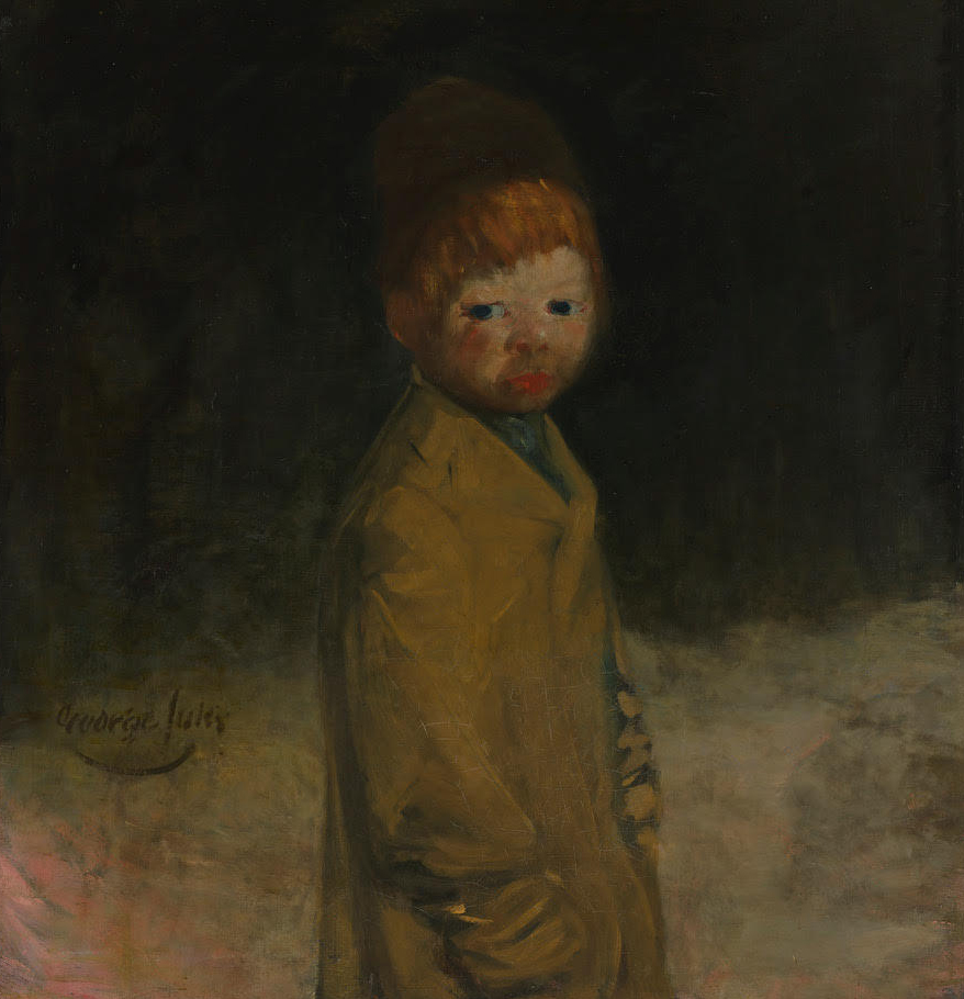 This image depicts a lone figure of a young boy. He is staring out at the viewer and looks to be melancholy. It is a dark image.